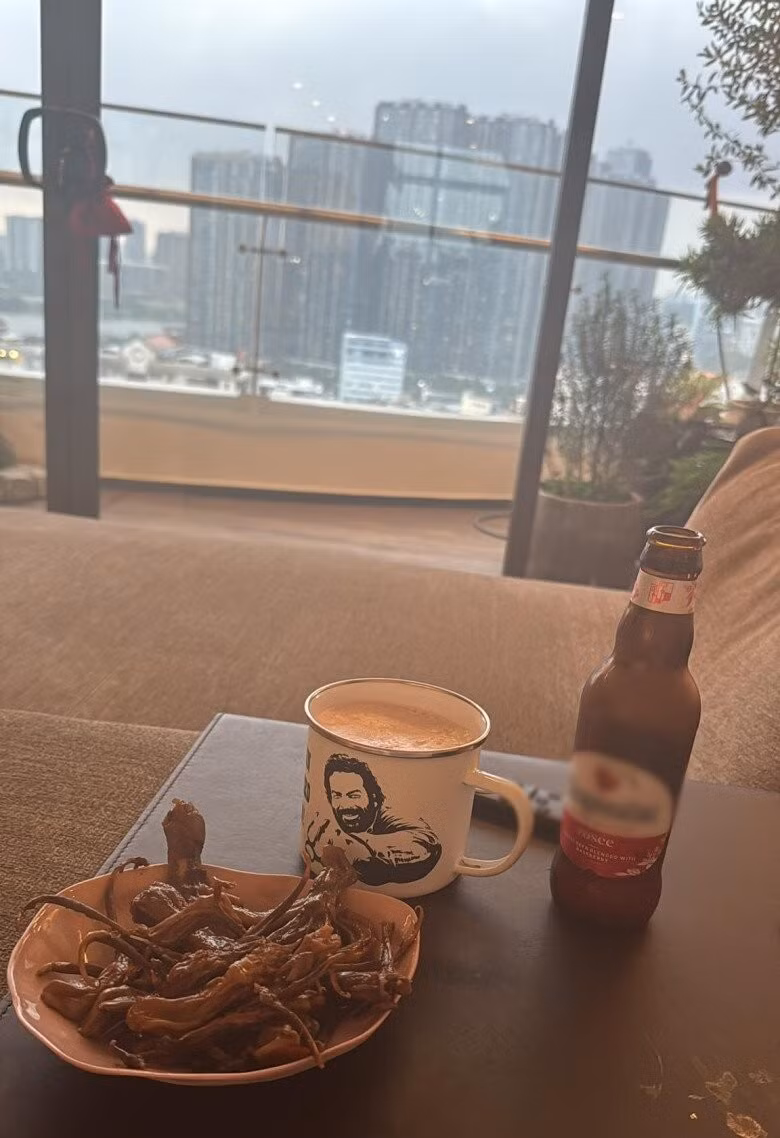 Góc chill trong nhà, nơi nữ siêu mẫu và chồng Tây vừa thưởng thức đồ uống vừa ngắm cảnh thành phố. Ảnh: FBNV