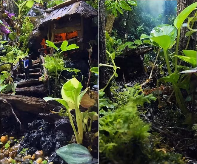 Elly Trần tỉ mỉ gắn mô hình người leo núi, đèn sáng, suối nước trong nhà tí hon. Ảnh chụp màn hình