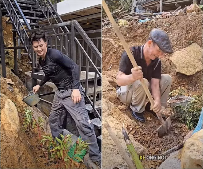 Nam diễn viên cùng bố trồng nhiều cây và hoa xung quanh, tạo cảnh quan đẹp mắt. Ảnh chụp màn hình