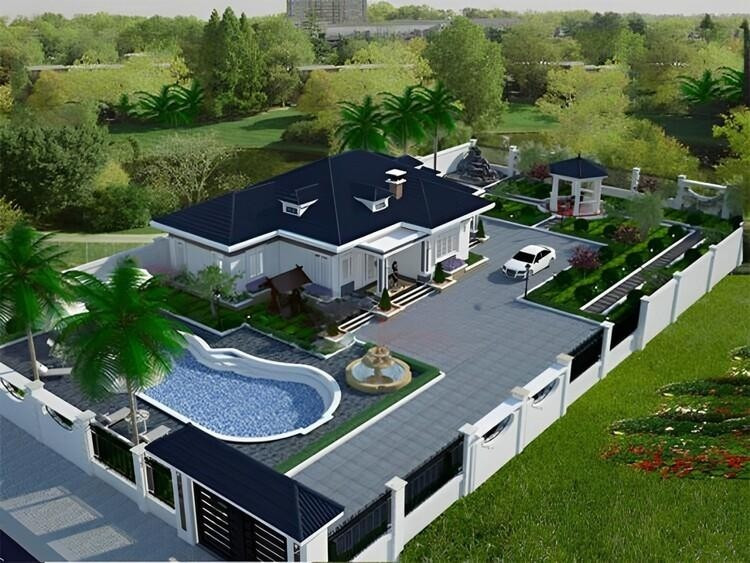 Khu vực sân vườn bố trí hồ bơi, tiểu cảnh tạo nên một không gian sống đẳng cấp và thư giãn. Ảnh: Internet