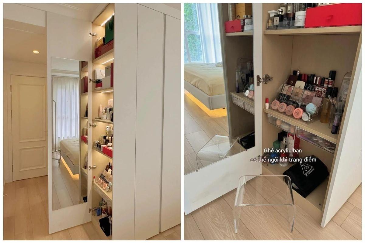 Thay vì cố đa năng hóa, hãy chọn một chiếc bàn nhỏ đơn giản. Nếu phòng chật, có thể tận dụng hông tủ quần áo làm góc trang điểm âm tường sẽ gọn gàng và dễ sử dụng hơn. Ảnh: Toutiao