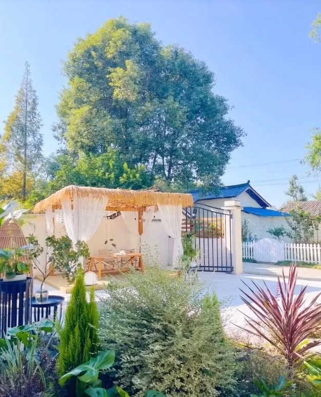 Phần trung tâm sân lát đá cẩm thạch, bốn phía giữ lại nền đất để trồng hoa và cây cảnh. Ảnh: QQ