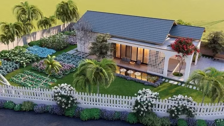 Mẫu nhà vườn lấy cảm hứng từ phong cách châu Âu truyền thống với mái vòm và cột trụ trang trí nổi bật. Không gian xung quanh nhà được bao phủ bởi sân vườn rộng rãi, cây xanh và lối đi lát đá. Ảnh: Internet