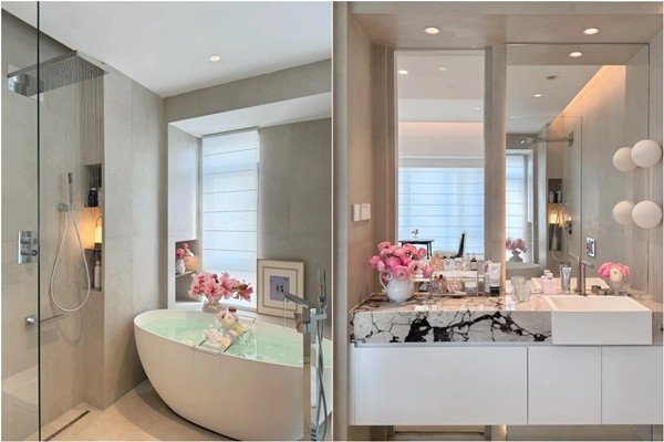 Phòng tắm sử dụng bảng màu trung tính với tông xám trắng làm chủ đạo. Ảnh: Xiaohongshu