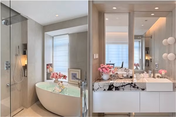 Phòng tắm sử dụng bảng màu trung tính với tông xám trắng làm chủ đạo. Ảnh: Xiaohongshu