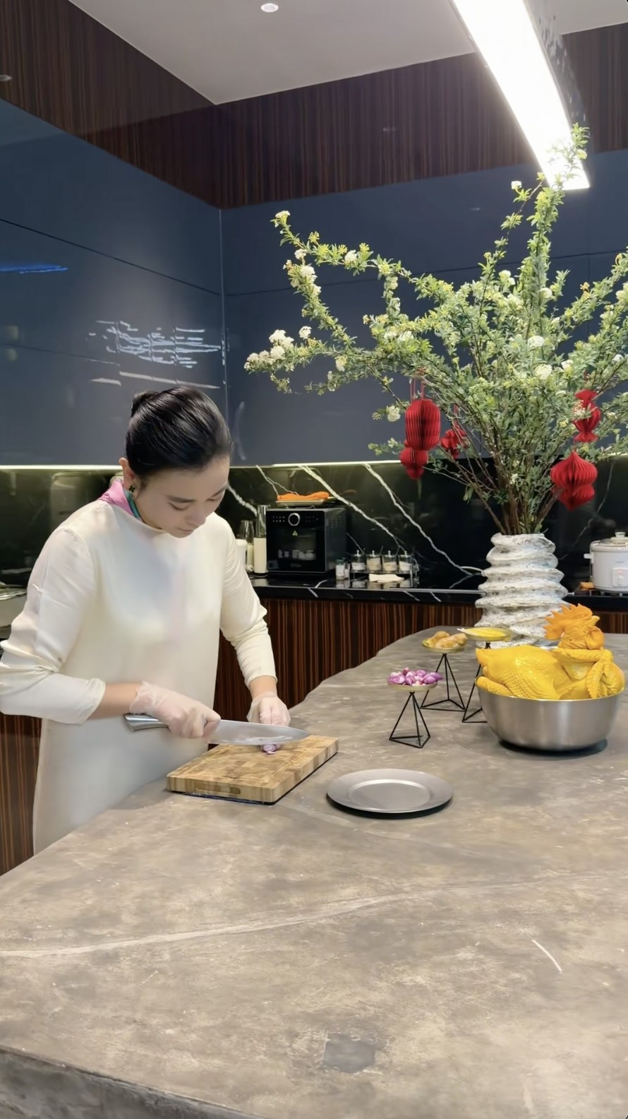 Không khí đón Tết Nguyên đán đã xuất hiện trong nhà Phương Oanh. Cô trang hoàng nhà cửa bằng bình hoa tiểu tú cầu, gắn những chiếc lồng đèn giấy hot trend Tết 2026. Ảnh chụp màn hình