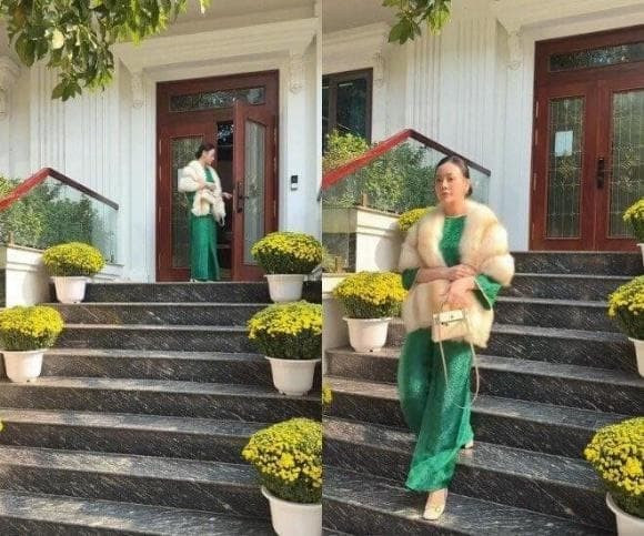 Dịp Tết năm ngoái, Phương Oanh trang trí nhiều chậu cúc vàng trước biệt thự. Ảnh chụp màn hình