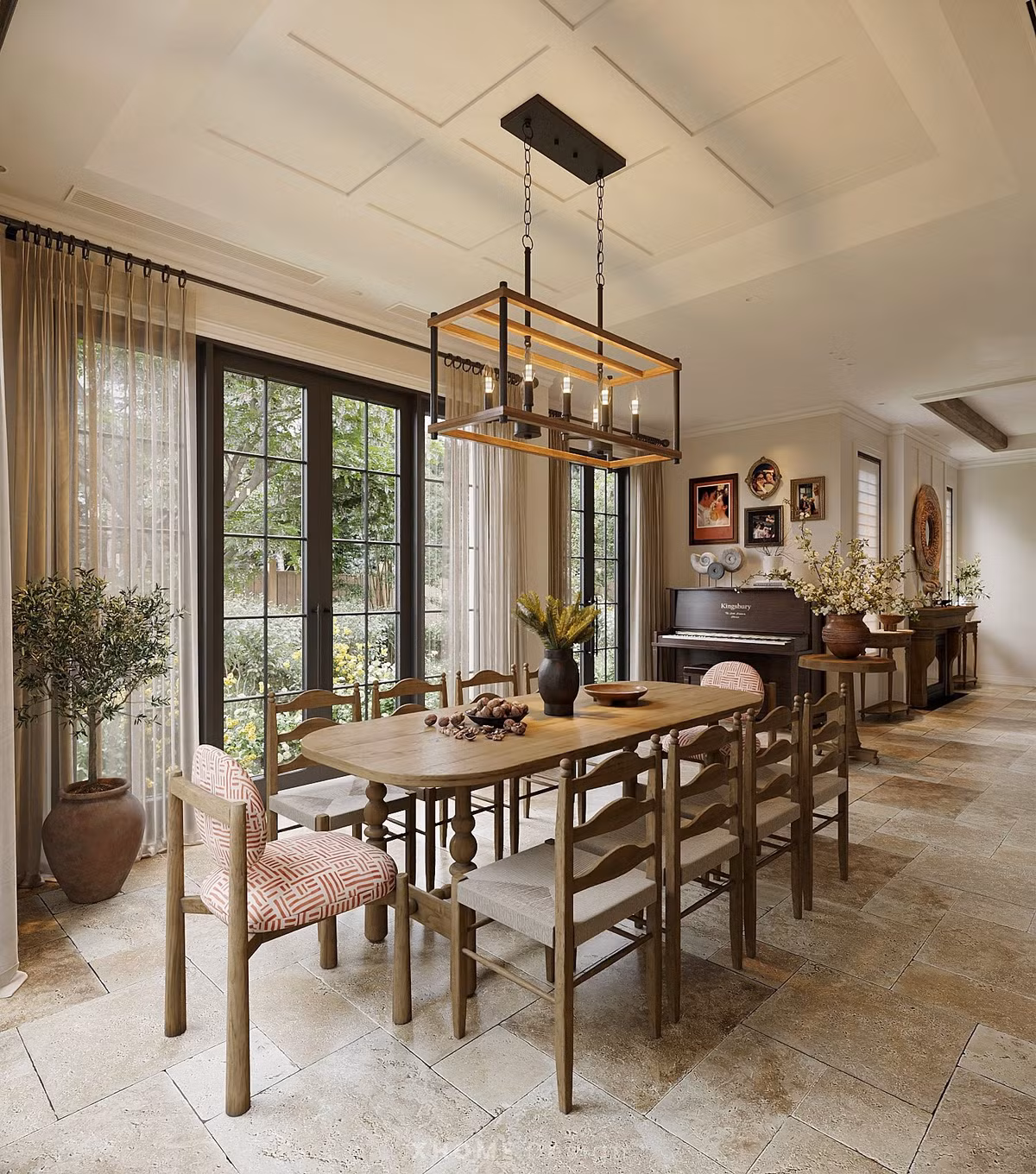 Đèn thả trần kiểu khung sắt kết hợp gỗ tạo nét đồng điệu với không gian tổng thể. Ảnh: FB Nguyễn Đình Tú