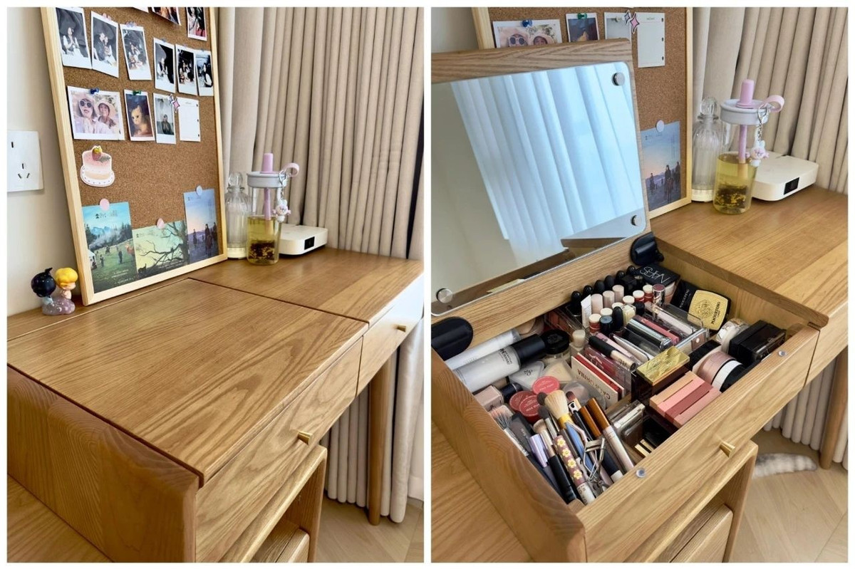 Bàn trang điểm kiểu nắp lật nghe có vẻ đa năng. Tuy nhiên, khi dùng khá bất tiện bởi mỗi lần mở nắp để lấy đồ phải dọn sạch toàn bộ mặt bàn. Ảnh: Toutiao