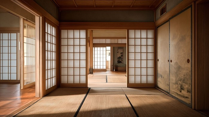 Cửa trượt là giải pháp kinh điển của người Nhật. Không cần khoảng trống để mở cánh như cửa bản lề, cửa trượt giúp tiết kiệm diện tích, đồng thời tạo sự liên thông linh hoạt giữa các phòng. Ảnh: AweDeco