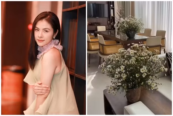 Sống trong biệt thự 1.000m2 ở TP HCM, Vân Trang rất thích trang hoàng cho tổ ấm. Nữ diễn viên thường xuyên cắm các loại cành như lê, mận...tới hoa tươi. Ảnh: FBNV