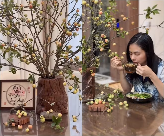 Vân Trang còn cắm táo Tây Bắc vào bình mô phỏng gốc cây mang đến cảm giác mộc mạc. Ảnh chụp màn hình