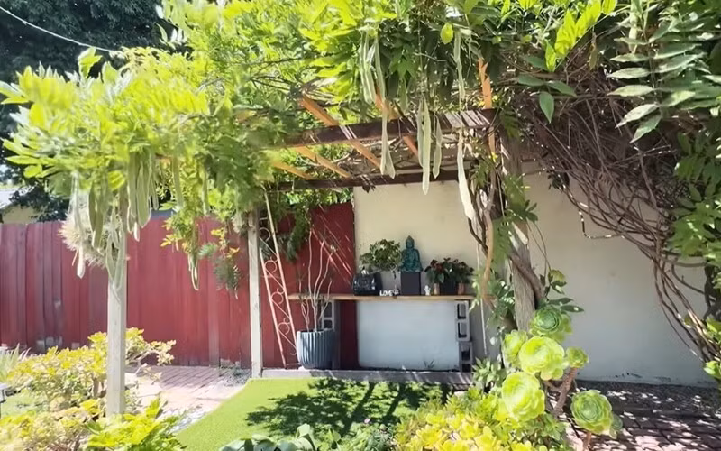 Một góc vườn được decor xinh xắn, có thảm cỏ. Ảnh chụp màn hình