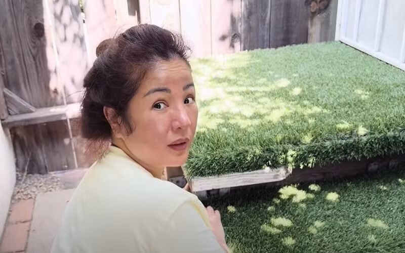 Bậc thang được Thúy Nga phủ cỏ nhân tạo, vừa sạch, vừa đẹp. Ảnh chụp màn hình