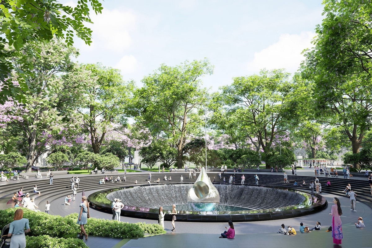 Phối cảnh biểu tượng “Giọt nước mắt” tại công viên Lý Thái Tổ là điểm nhấn tưởng niệm lặng lẽ giữa không gian xanh trung tâm TP.HCM. Công trình dự kiến hoàn thành vào ngày 12/2 (25 tháng Chạp), kịp phục vụ người dân TP.HCM trước Tết Bính Ngọ 2026. Ảnh: Đơn vị thi công.