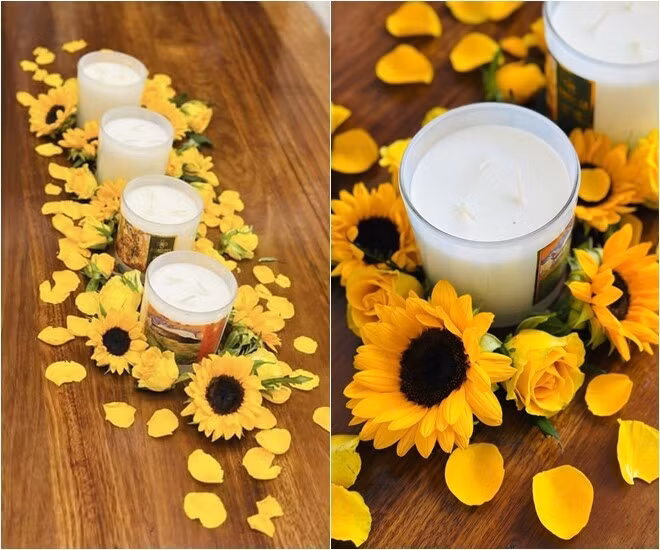 Lần khác, Đoan Trang trang trí bàn ăn với hoa hồng vàng, hoa hướng dương. Ảnh: FBNV