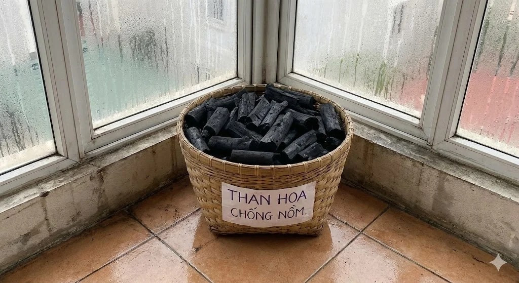 Than hoa (than củi, than hoạt tính) có khả năng hút ẩm hiệu quả nhờ cấu trúc mao mạch rỗng như bọt biển. Ảnh: AI