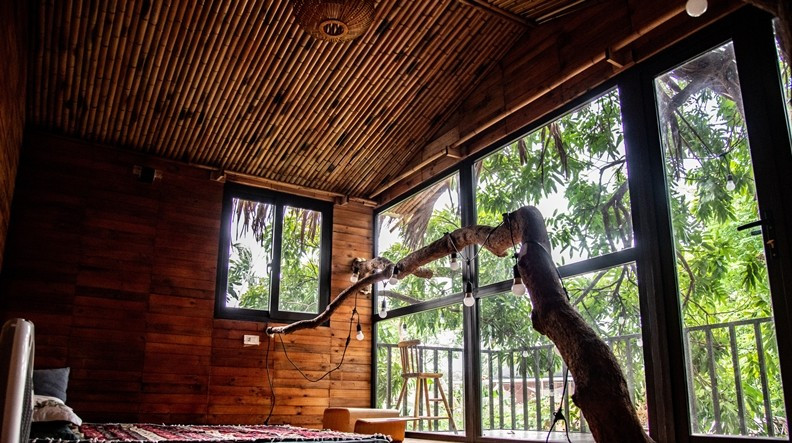 Phần mái sử dụng tôn, xốp, bạt phủ, lá cọ và cây nứa để ốp. Ảnh; Dân Việt