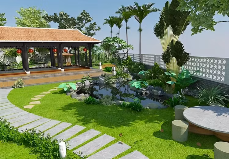 Mẫu nhà vườn đơn giản, có đường đi lát đá tự nhiên kết hợp tiểu cảnh hồ cá. Ảnh: Internet