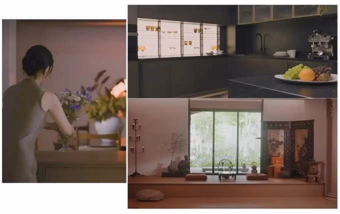 Bếp và phòng trà kết hợp giữa phong cách Trung Hoa và phương Tây. Ảnh: QQ