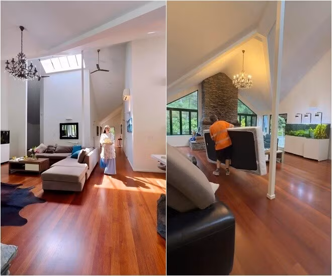 Phòng khách rộng rãi, ốp sàn gỗ. Ảnh: FBNV