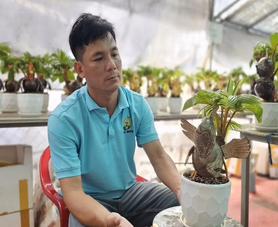 Con ngựa được tạo hình từ trái dừa nguyên khối có phần thân tròn vo, bụng phệ như vừa ăn no. Ảnh: VOVgiaothong