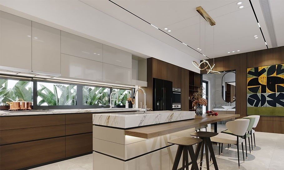 Bếp đảo thường gắn liền với hình ảnh nhà rộng, gia chủ có điều kiện. Khi áp dụng vào những căn hộ có diện tích khiêm tốn, bếp đảo lại trở thành vật cản di chuyển. Ảnh: SBS house