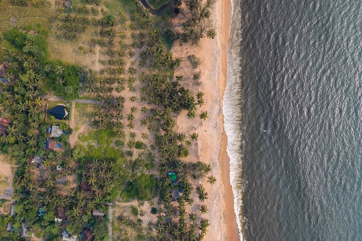 Căn nhà nằm gọn trên khu đất sát biển, bao quanh là vườn cây và lối dạo. Ảnh: Bhoomija