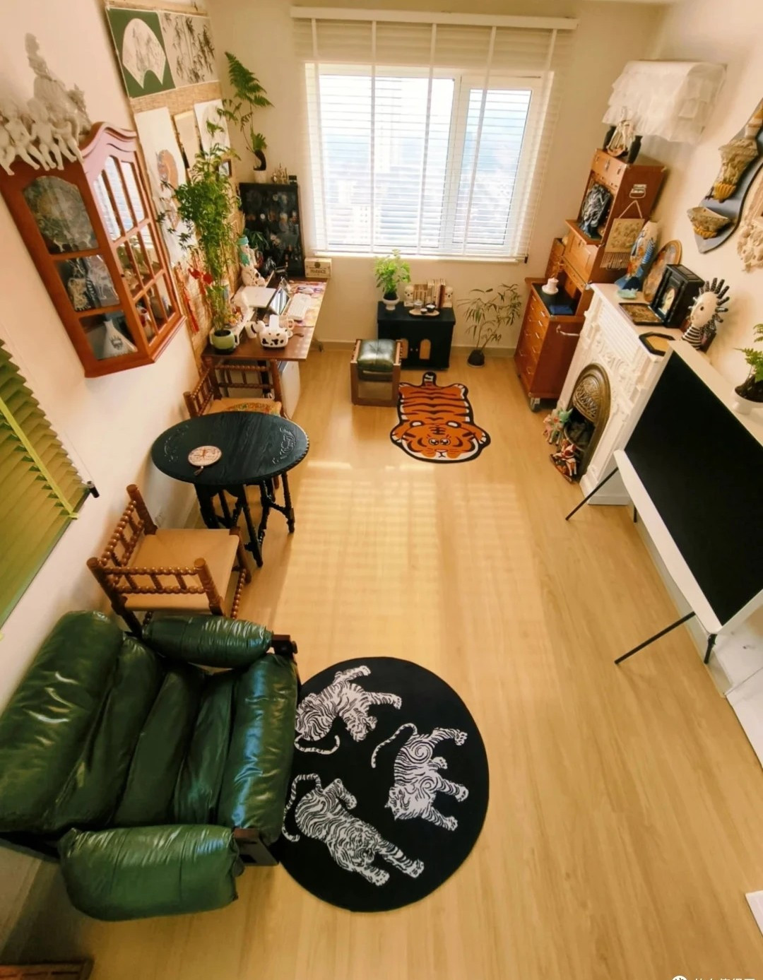 Không gian chung được chia thành nhiều khu rõ ràng nhưng vẫn đảm bảo sự liên kết nhờ bảng màu thống nhất: trắng - xanh - gỗ. Ảnh: Xiaohongshu