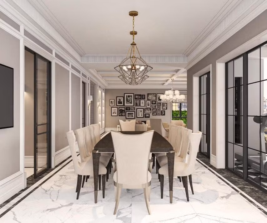 Phòng ăn sang trọng với gam màu trắng chủ đạo. Ảnh: FB Hương Thu Nguyễn