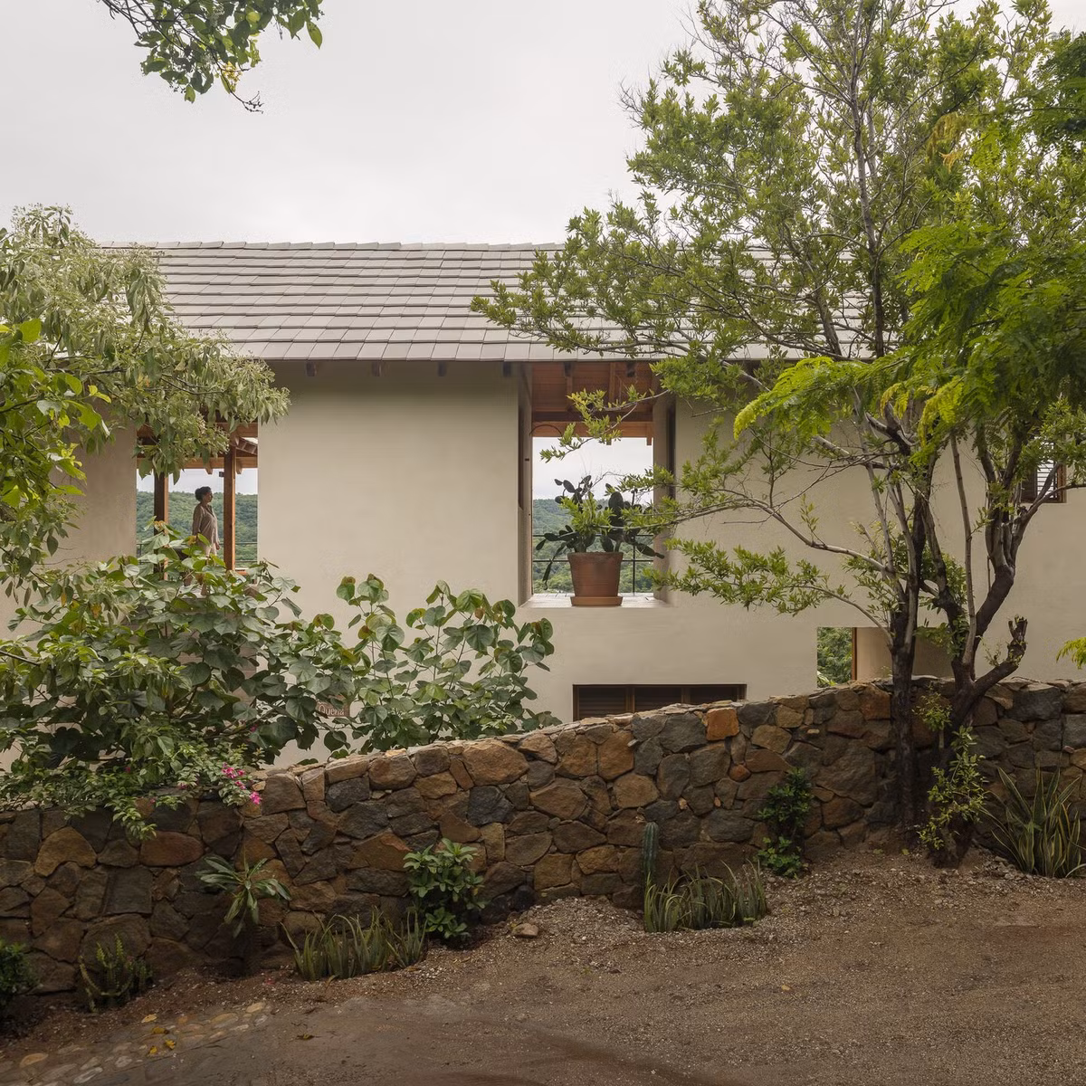 Ngôi nhà sử dụng mái dốc lớn, loại mái lá truyền thống của vùng nhiệt đới Mexico, là điểm nhấn kiến ​​trúc chủ đạo. Ảnh: Archello