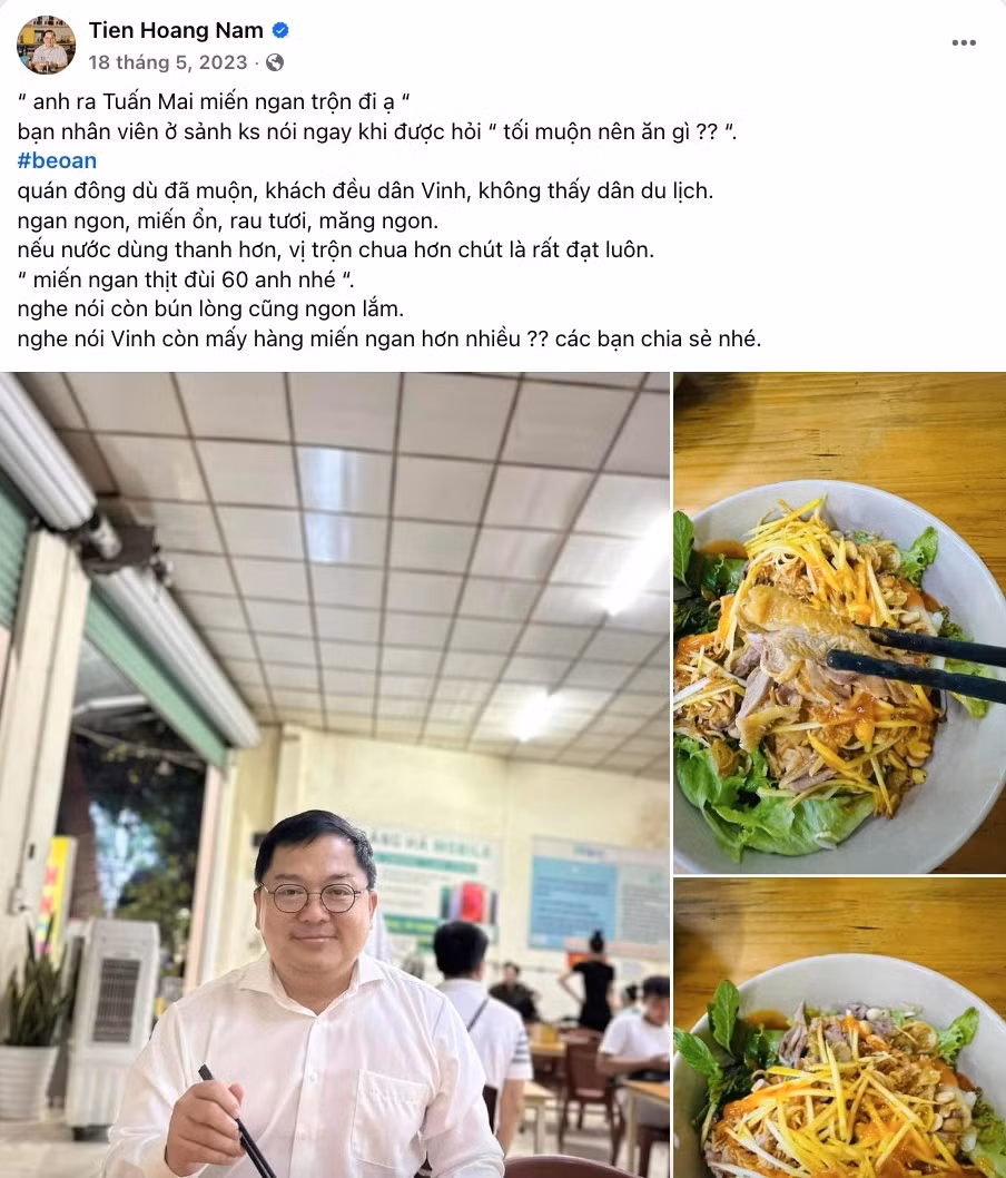 Phần lớn các bài đăng của ông đều nói về những món ăn tại Nghệ An quê hương ông - từ xôi, miến ngan cho tới những quán nhỏ quanh ga. Ảnh: Facebook