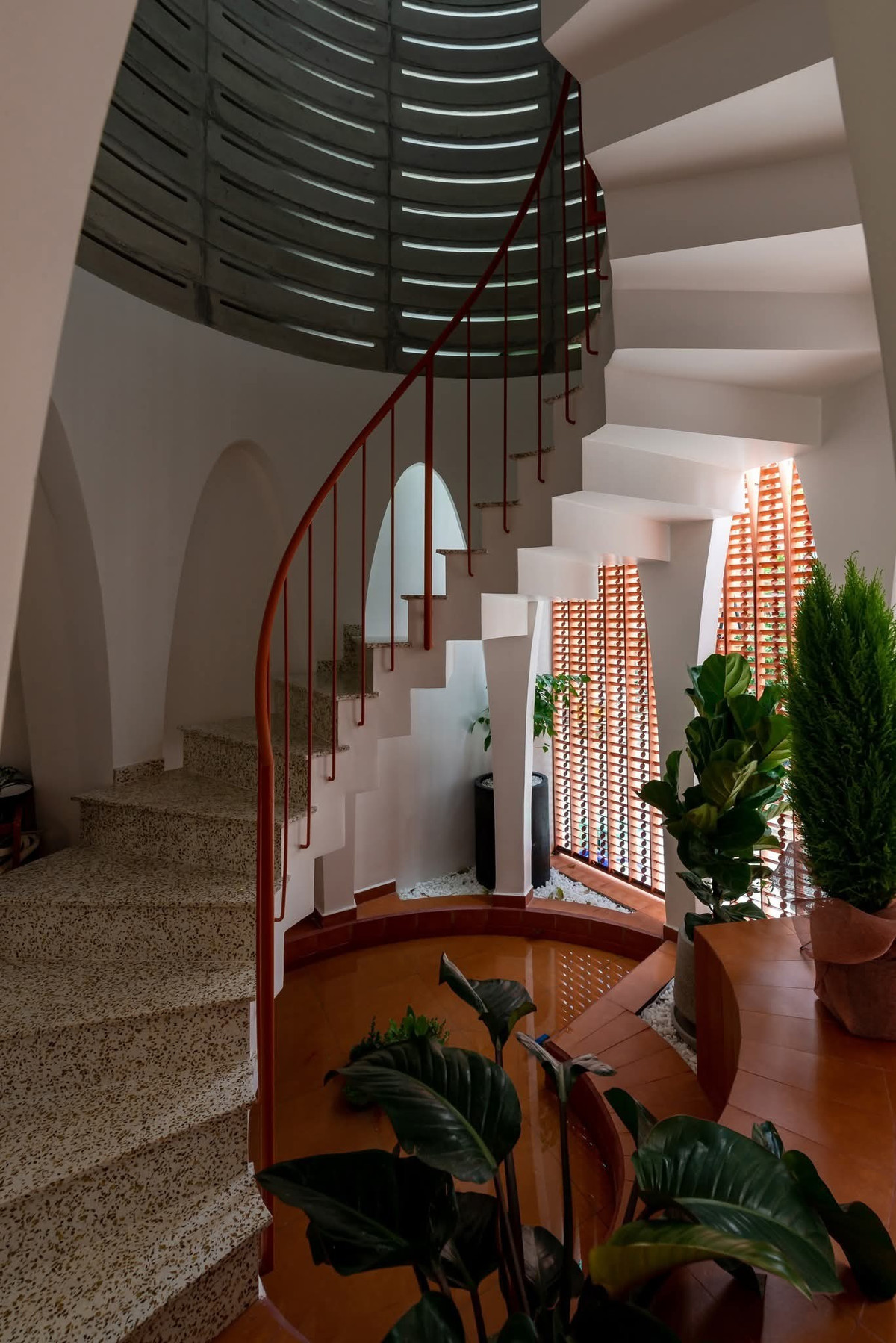 Tầng trệt được điểm xuyết bởi một khu vườn nhỏ và mặt nước dịu mát, giúp không khí dễ chịu ngay khi bước vào nhà. Ảnh: Lon ton studio