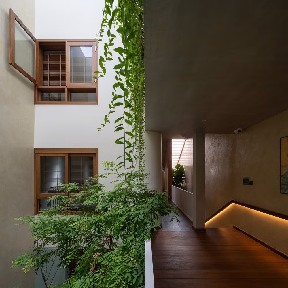 Trái tim xanh của ngôi nhà là giếng trời lớn kết hợp vườn trong – nơi ánh sáng và không khí lưu thông tự nhiên, giúp mọi thành viên ở bất kỳ tầng nào cũng có thể cảm nhận thiên nhiên và sự giao tiếp. Ảnh: Quang Đạm