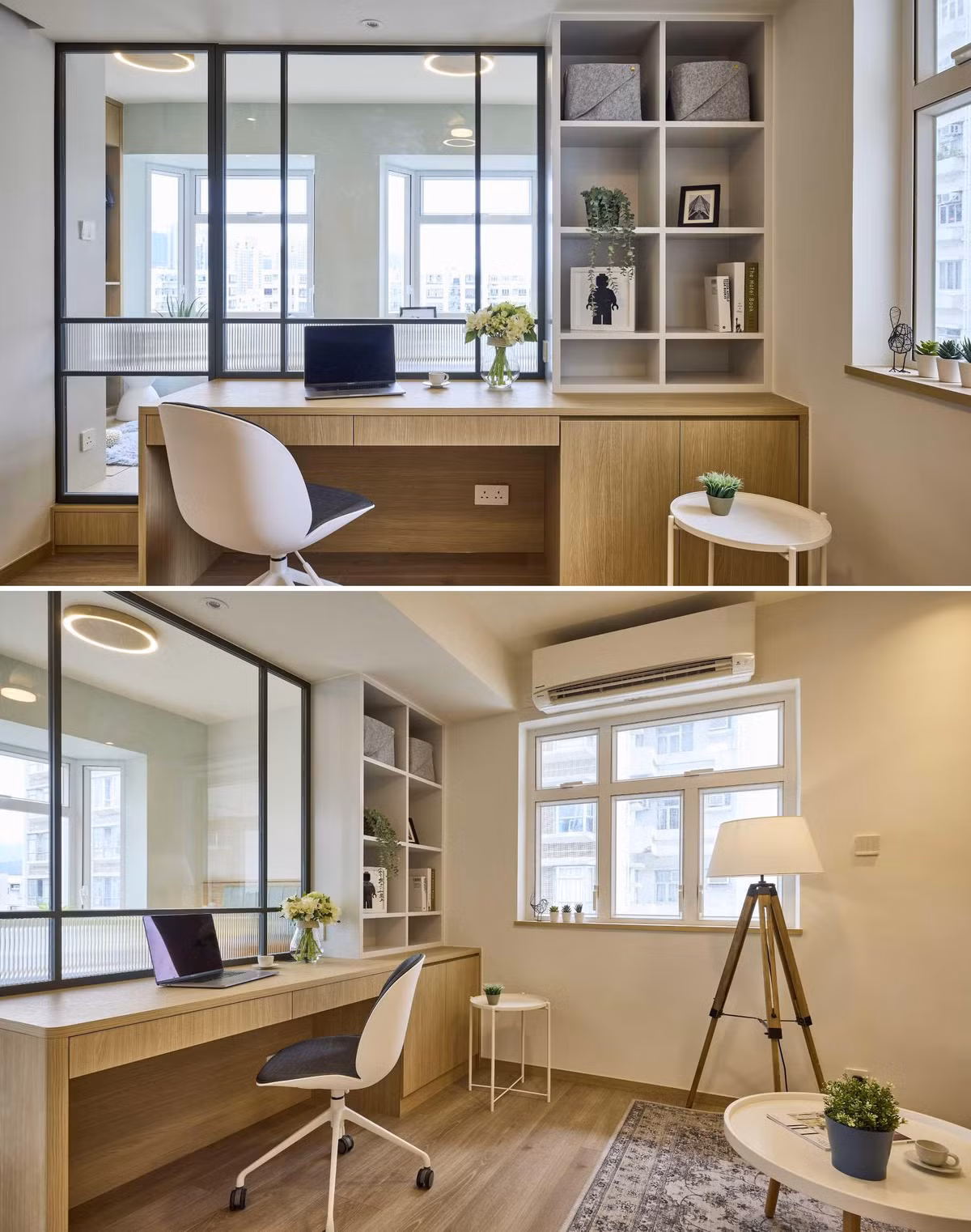 Chiếc bàn tận dụng ánh sáng tự nhiên từ nhiều cửa sổ để tối đa hóa không gian. Các kệ mở và tủ bên dưới giúp tăng thêm không gian lưu trữ. Ảnh: sj33