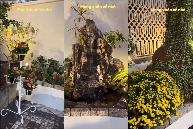 Thác nước, những chậu cây bonsai có dáng thế độc đáo giúp khu vườn có chiều sâu và sự vững chãi. Ảnh: FB Giang My Nguyen