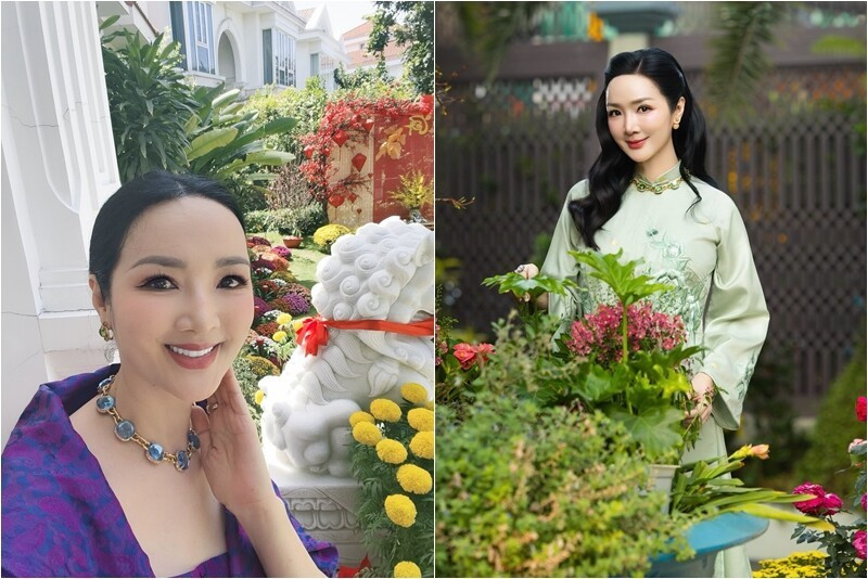 Giáng My khoe sắc trong vườn nhà ngập hoa. Ảnh: FB Giang My Nguyen