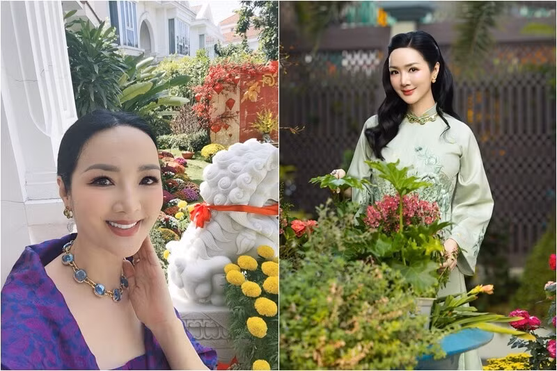 Giáng My khoe sắc trong vườn nhà ngập hoa. Ảnh: FB Giang My Nguyen