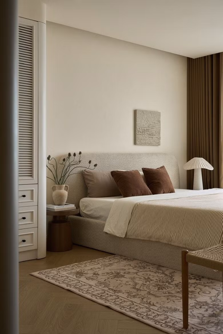 Phòng ngủ master với giường bọc vải kết hợp gối nâu đất, mang đến cảm giác êm ái, dễ chịu. Ảnh: FBNV