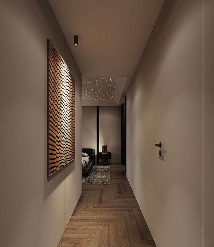 Phòng ngủ master với thiết kế trần hiệu ứng bầu trời sao giúp căn phòng trở nên thơ và tĩnh hơn. Ảnh: Nhavietdesign