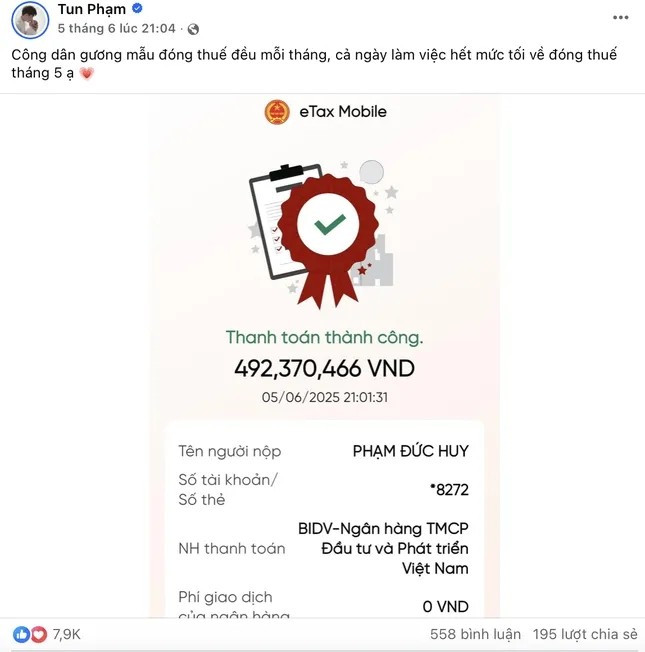 Vừa qua, thông tin TikToker Tun Phạm công khai đóng thuế thu nhập cá nhân hơn 492 triệu đồng/tháng thu hút sự quan tâm của cộng đồng mạng. Ảnh chụp màn hình