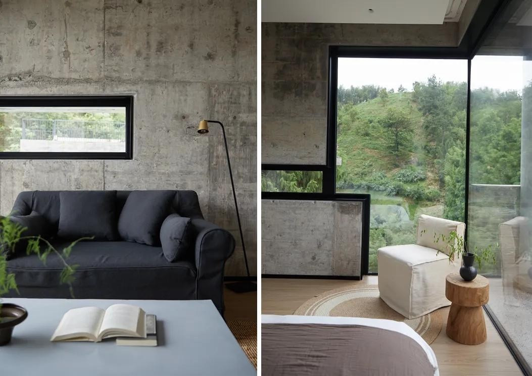 Do nằm dưới chân núi, khu đất có nguy cơ lũ quét, kiến trúc sư chọn kết cấu bê tông đúc tại chỗ, không gạch, không sơn, tận dụng đá phiến địa phương để tạo cảm giác vững chắc. Ảnh: Toutiao