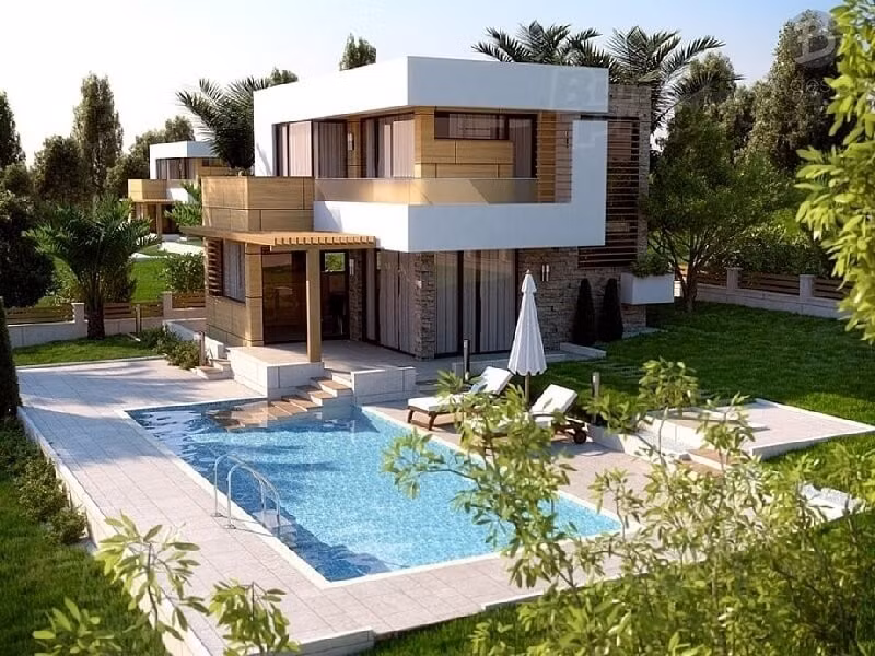 Mẫu nhà vườn nghỉ dưỡng phong cách hiện đại, sở hữu không gian sân vườn rộng rãi, trang trí bằng cây cỏ, hoa lá và bể bơi. Ảnh: 3bdesign