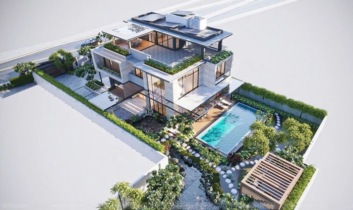 Mang nét kiến trúc phóng khoáng, tối giản nhưng tinh tế, mẫu nhà vườn hiện đại ưu tiên không gian mở và kết nối với thiên nhiên. Các mảng kính lớn giúp đón ánh sáng tối đa. Ảnh: Vinavic