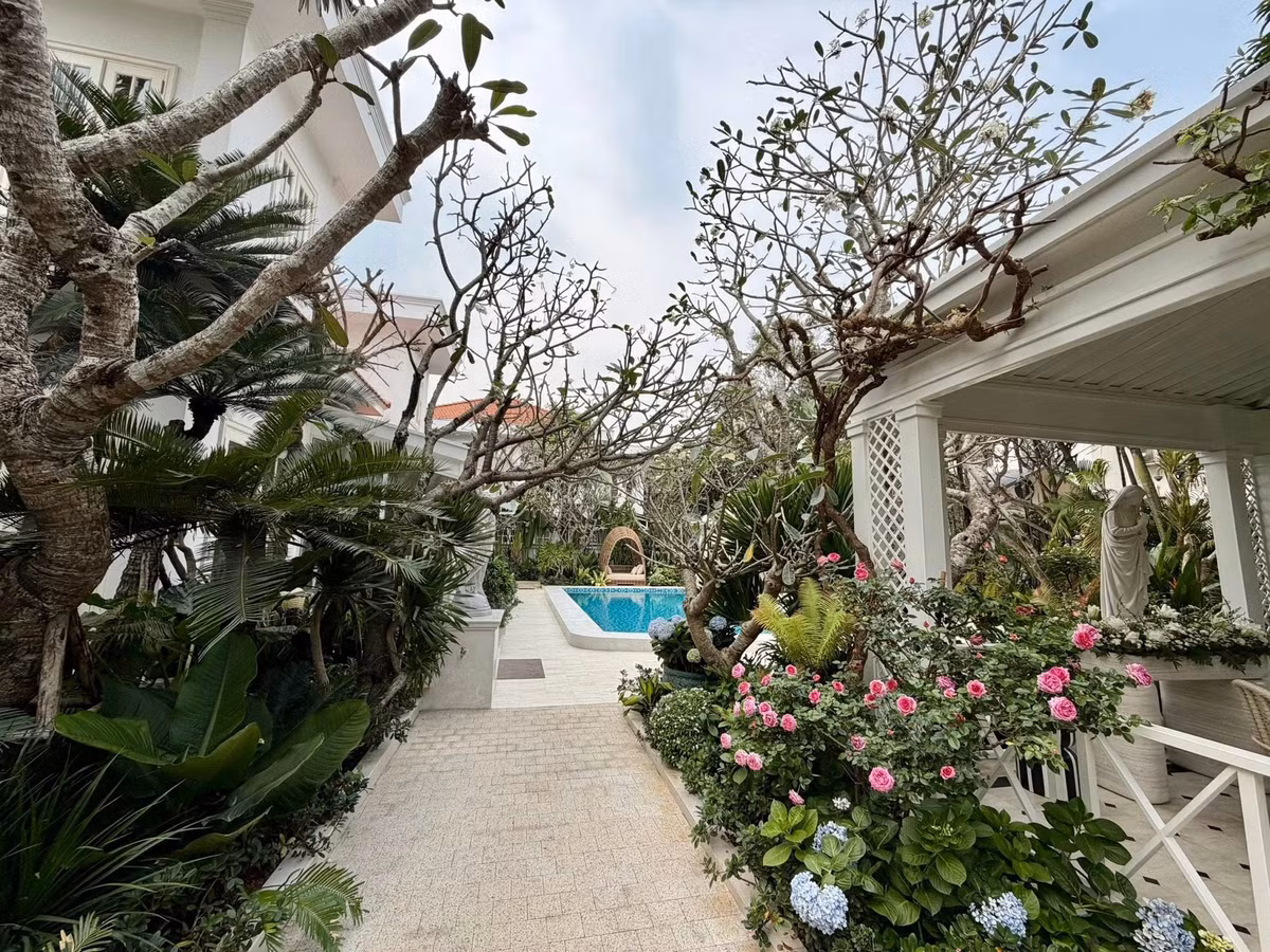 Không gian sân vườn thiết kế như resort, có bể bơi. Ảnh: FBNV