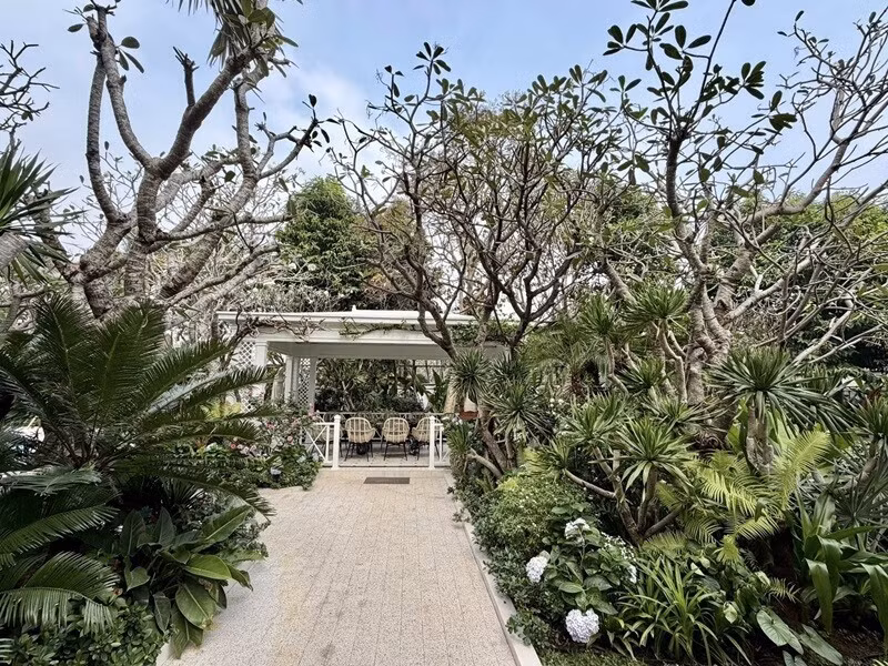 Các lối đi trong vườn được lát đá sạch sẽ, qua những rặng cây rậm rạp. Ảnh: FBNV