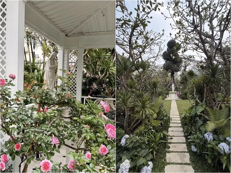 Mới đây, NTK Đỗ Mạnh Cường chia sẻ hình ảnh trước và sau của biệt thự. Sau 8 tháng trồng cây, từ bãi cỏ trống, Đỗ Mạnh Cường đã có khu rừng nhỏ xinh xắn và xanh mướt. Ảnh: FBNV