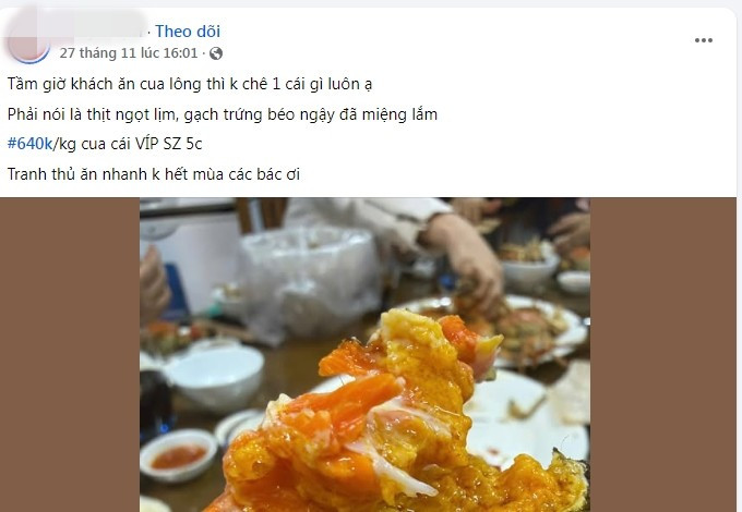 Một tiểu thương tại Hà Nội rao bán cua lông Trung Quốc loại to 5 con/kg, giá 640.000 đồng/kg. Trong khi đó, năm ngoái, mỗi kg cua lông loại 5-6 con giá bán phổ biến 800.000 đồng đến 1,5 triệu đồng). Ảnh: Facebook