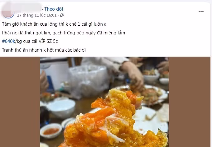 Một tiểu thương tại Hà Nội rao bán cua lông Trung Quốc loại to 5 con/kg, giá 640.000 đồng/kg. Trong khi đó, năm ngoái, mỗi kg cua lông loại 5-6 con giá bán phổ biến 800.000 đồng đến 1,5 triệu đồng). Ảnh: Facebook