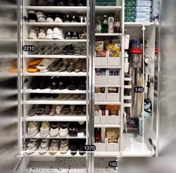 Chiếc gương soi ở cửa ra vào không chỉ để ngắm, mà còn là tủ giày kiêm kho chứa đồ. Kệ bên trong có thể điều chỉnh chiều cao tùy ý. Ảnh: Rebecca Becky